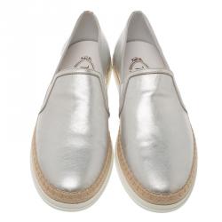 Pre Owned Tod's Metallic Silver Leather Pantofola Espadrille Slip On Sneakers Size 39.5