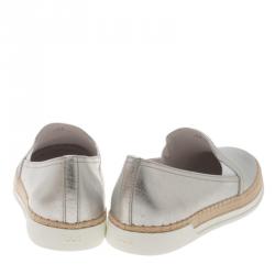 Pre Owned Tod's Metallic Silver Leather Pantofola Espadrille Slip On Sneakers Size 39.5