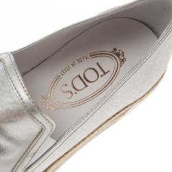 Pre Owned Tod's Metallic Silver Leather Pantofola Espadrille Slip On Sneakers Size 39.5