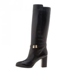 Pre Owned Tod's Black Leather Block Heel Buckle Tall Boots Size 37.5