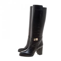 Pre Owned Tod's Black Leather Block Heel Buckle Tall Boots Size 37.5