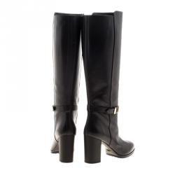 Pre Owned Tod's Black Leather Block Heel Buckle Tall Boots Size 37.5