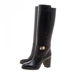 مملوكة مسبقًا حذاء بوت تودز طويل إبزيم كعب عريض جلد أسود مقاس 39.5