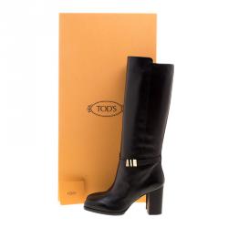 مملوكة مسبقًا حذاء بوت تودز طويل إبزيم كعب عريض جلد أسود مقاس 39.5