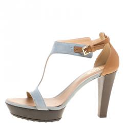 Pre Owned Tod's Two Tone Suede and Leather Open Toe T Strap Platform Sandals Size 38.5