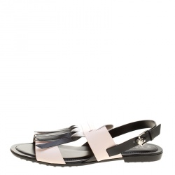 Pre Owned Tod's Tricolor Leather Fringe Detail Flat Sandals Size 39