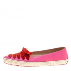 Pre Owned Tod's Pink Leather And Suede Ribbon Espadrille Loafers Size 37.5