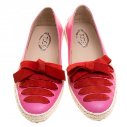 Pre Owned Tod's Pink Leather And Suede Ribbon Espadrille Loafers Size 37.5