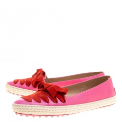 Pre Owned Tod's Pink Leather And Suede Ribbon Espadrille Loafers Size 37.5