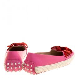 Pre Owned Tod's Pink Leather And Suede Ribbon Espadrille Loafers Size 37.5