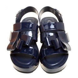 Pre Owned Tod's Navy Blue Patent Leather Slingback Platform Sandals Size 38