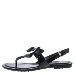 مملوكة مسبقًا Tod's Black Patent Leather Bow Detail Flat Thong Sandals Size 41