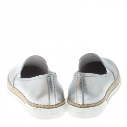 Pre Owned Tod's Metallic Silver Leather Pantofola Espadrille Slip On Sneakers Size 39.5