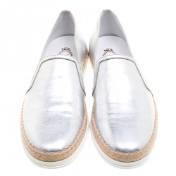 Pre Owned Tod's Metallic Silver Leather Pantofola Espadrille Slip On Sneakers Size 38