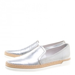 Pre Owned Tod's Metallic Silver Leather Pantofola Espadrille Slip On Sneakers Size 38