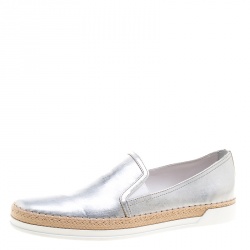 Pre Owned Tod's Metallic Silver Leather Pantofola Espadrille Slip On Sneakers Size 38