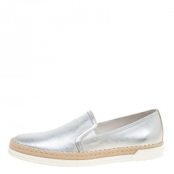 Pre Owned Tod's Metallic Silver Leather Pantofola Espadrille Slip On Sneakers Size 37.5