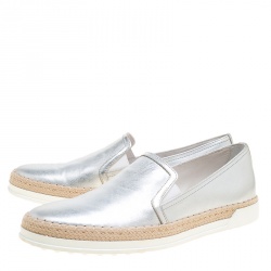Pre Owned Tod's Metallic Silver Leather Pantofola Espadrille Slip On Sneakers Size 37.5