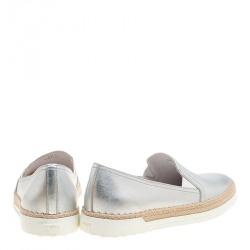 Pre Owned Tod's Metallic Silver Leather Pantofola Espadrille Slip On Sneakers Size 37.5