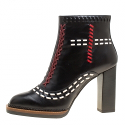 Pre Owned Tod's Black Leather Gipsy Cross Stitch Detail Block Heel Ankle Boots Size 38.5