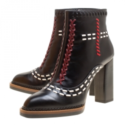Pre Owned Tod's Black Leather Gipsy Cross Stitch Detail Block Heel Ankle Boots Size 38.5