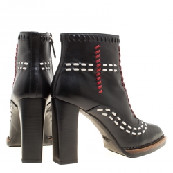 Pre Owned Tod's Black Leather Gipsy Cross Stitch Detail Block Heel Ankle Boots Size 38.5