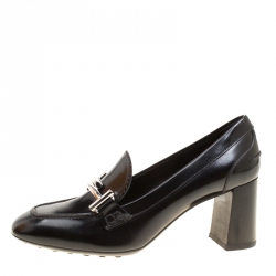 Pre Owned Tod's Black Leather Gomma Maxi Double T Court Loafer Pumps Size 38