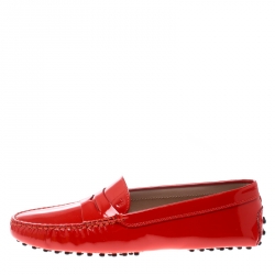 Pre Owned Tod's Neon Red Patent Leather Penny Loafers Size 39.5