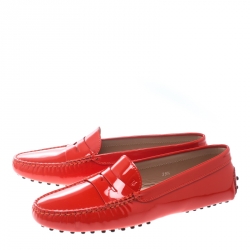 Pre Owned Tod's Neon Red Patent Leather Penny Loafers Size 39.5