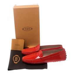 Pre Owned Tod's Neon Red Patent Leather Penny Loafers Size 39.5