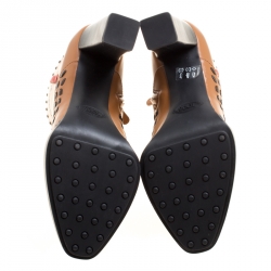 Pre Owned Tod's Brown Leather Gipsy Cross Stitch Detail Block Heel Ankle Boots Size 37.5