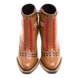 Pre Owned Tod's Brown Leather Gipsy Cross Stitch Detail Block Heel Ankle Boots Size 37.5