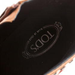 Pre Owned Tod's Brown Leather Gipsy Cross Stitch Detail Block Heel Ankle Boots Size 37.5