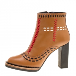 Pre Owned Tod's Brown Leather Gipsy Cross Stitch Detail Block Heel Ankle Boots Size 37.5