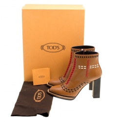 Pre Owned Tod's Brown Leather Gipsy Cross Stitch Detail Block Heel Ankle Boots Size 37.5
