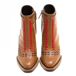 Pre Owned Tod's Brown Leather Gipsy Cross Stitch Detail Block Heel Ankle Boots Size 36