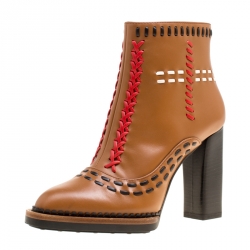 Pre Owned Tod's Brown Leather Gipsy Cross Stitch Detail Block Heel Ankle Boots Size 36