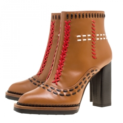 Pre Owned Tod's Brown Leather Gipsy Cross Stitch Detail Block Heel Ankle Boots Size 36