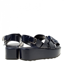 Pre Owned Tod's Navy Blue Patent Leather Slingback Platform Sandals Size 39.5