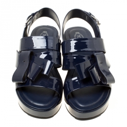 Pre Owned Tod's Navy Blue Patent Leather Slingback Platform Sandals Size 39.5