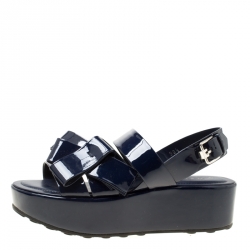 Pre Owned Tod's Navy Blue Patent Leather Slingback Platform Sandals Size 39.5