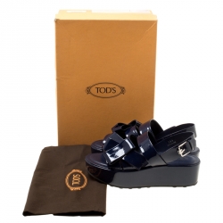 Pre Owned Tod's Navy Blue Patent Leather Slingback Platform Sandals Size 39.5