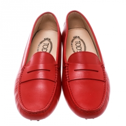 Pre Owned Tod's Red Leather Penny Loafers Size 39.5