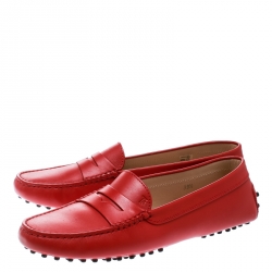 Pre Owned Tod's Red Leather Penny Loafers Size 39.5