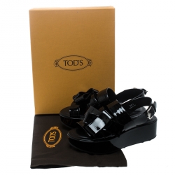 Pre Owned صندل تودز نعل سميك فتحة كعب جلد لامع أسود مقاس 36.5