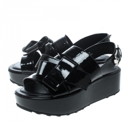 Pre Owned صندل تودز نعل سميك فتحة كعب جلد لامع أسود مقاس 36.5