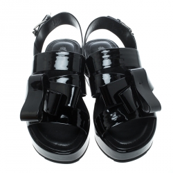 Pre Owned صندل تودز نعل سميك فتحة كعب جلد لامع أسود مقاس 36.5