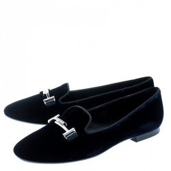 Pre Owned Tod's Indigo Blue Velvet Double T Flats Size 39