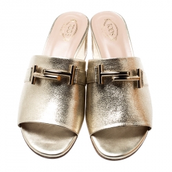 Pre Owned حذاء مولز تودز مقدمة مفتوحة T مزدوج جلد منقوش ذهبي ميتالك إصدار محدود مقاس 40