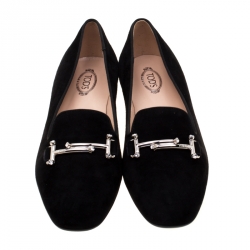 Pre Owned Tod's Black Suede Crystal Embellished Double T Smoking Slippers Size 38